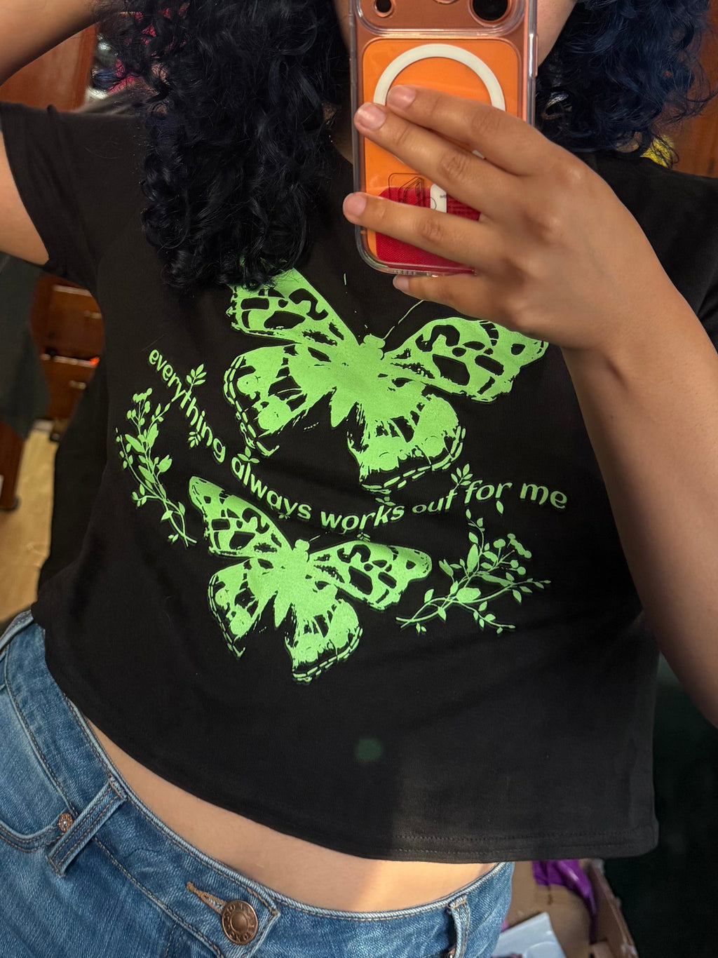 “Everything always works out for me” green ink crop-T (pre order)