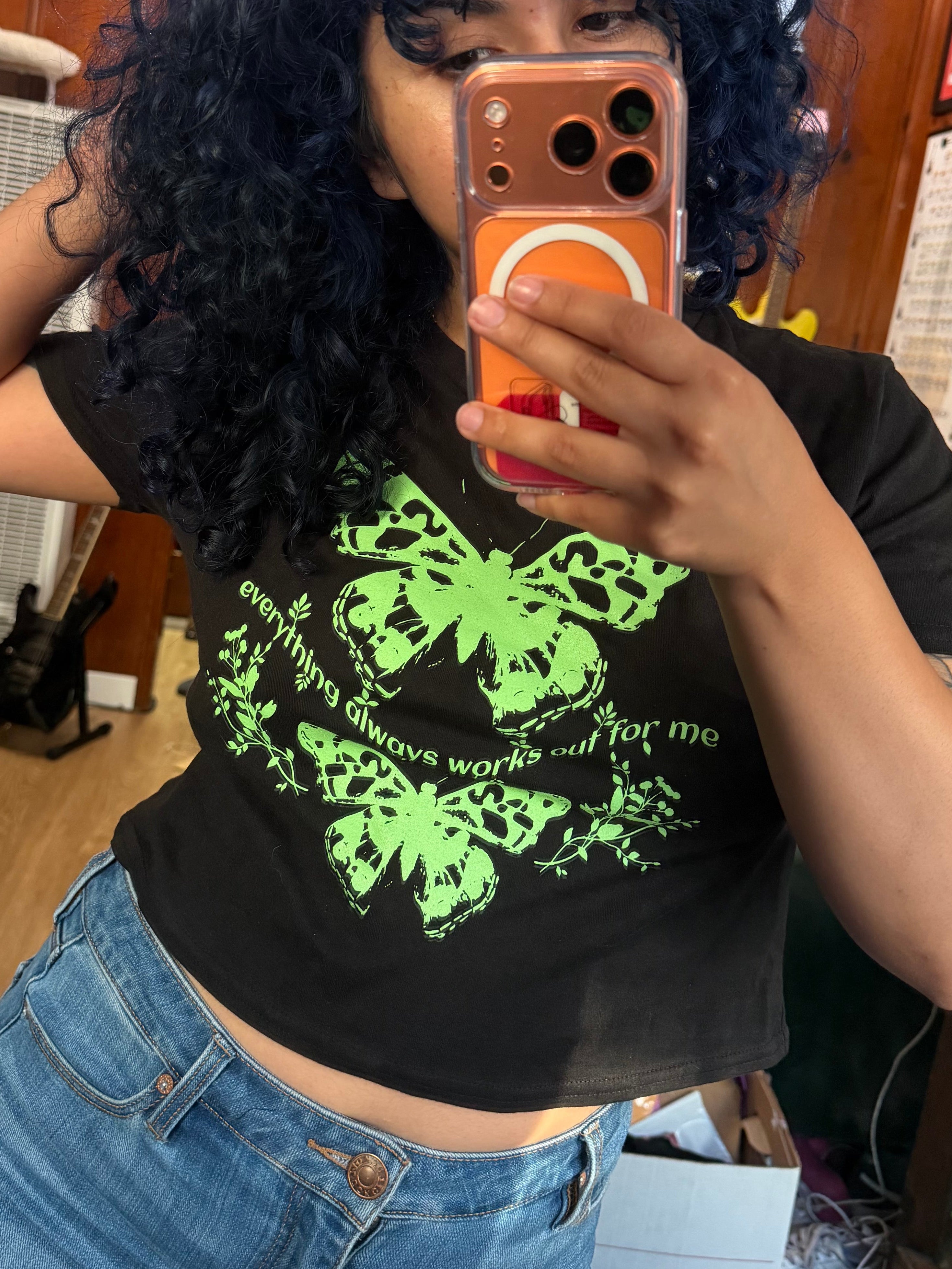 “Everything always works out for me” green ink crop-T (pre order)